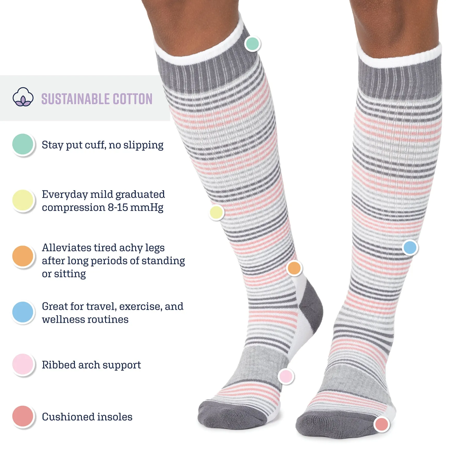 Women's 2 Pair Pack Cotton Compression Knee High Socks